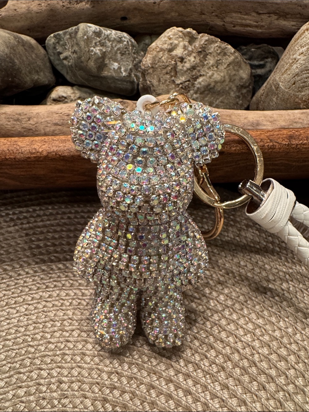 Sparkling Crystal Teddy Bear Keychain - Ivory - Picture 2 of 4
